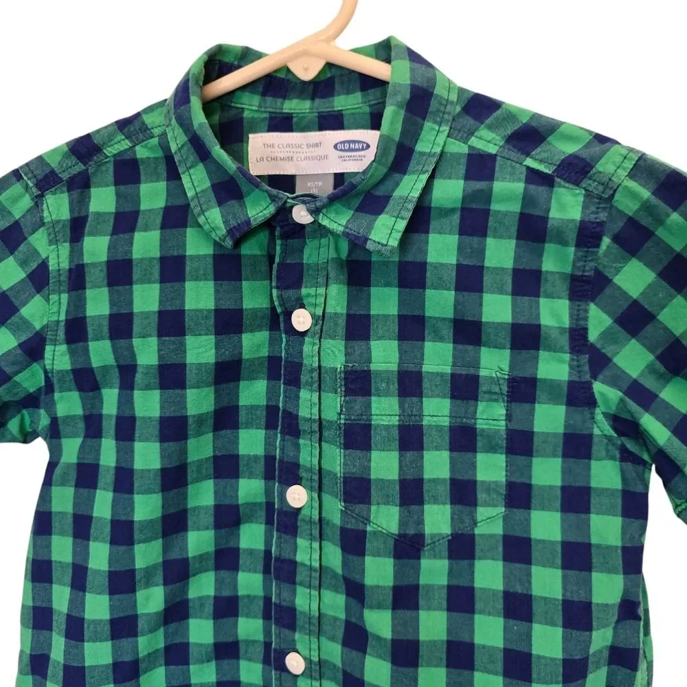 Old Navy Boys XS Classic Shirt Green Blue Plaid Short Sleeve Button Up Shirt
